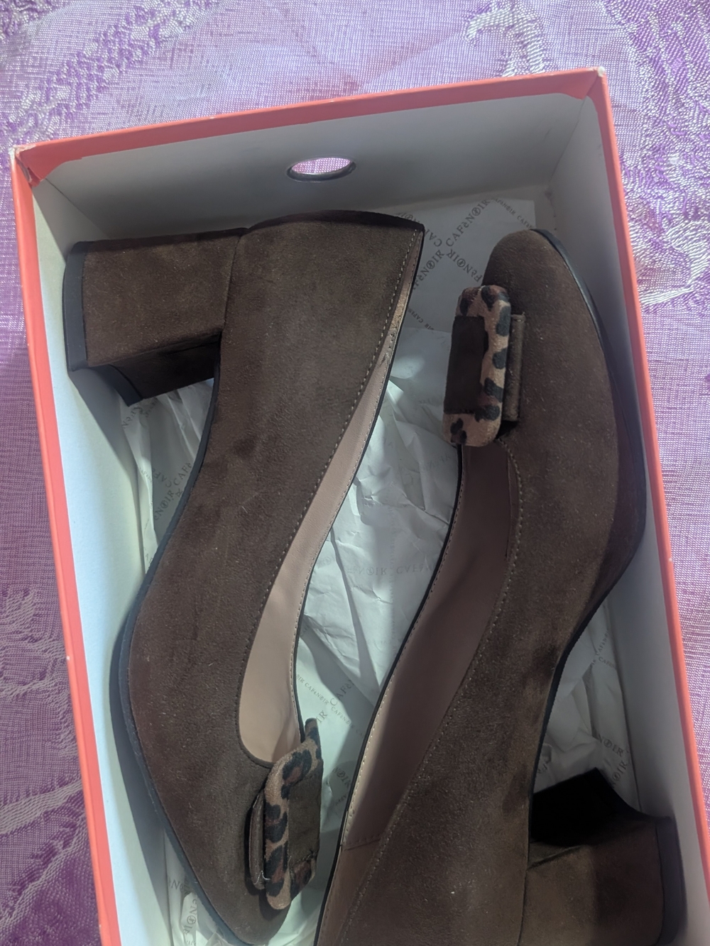 Vera Pelle Chocolate Brown Suede Block Heel Pumps with Leopard Bow Accent
